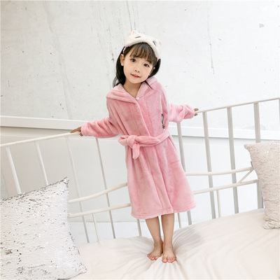 2019最新秋冬款浴袍中小童法兰绒家居服纯色连帽系带浴衣10.3
