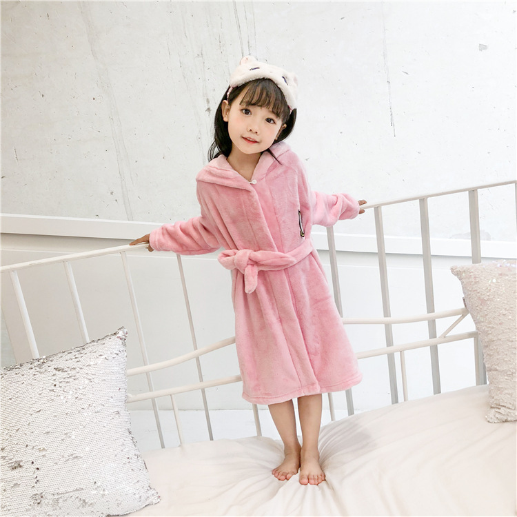 2019最新秋冬款浴袍中小童法兰绒家居服纯色连帽系带浴衣10.3