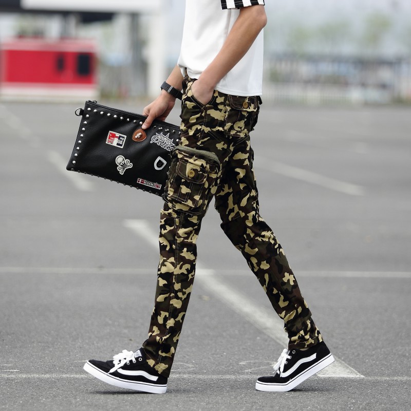 速卖通热卖款 韩版多袋个性修身弹力户外小脚迷彩裤 登山工装裤子