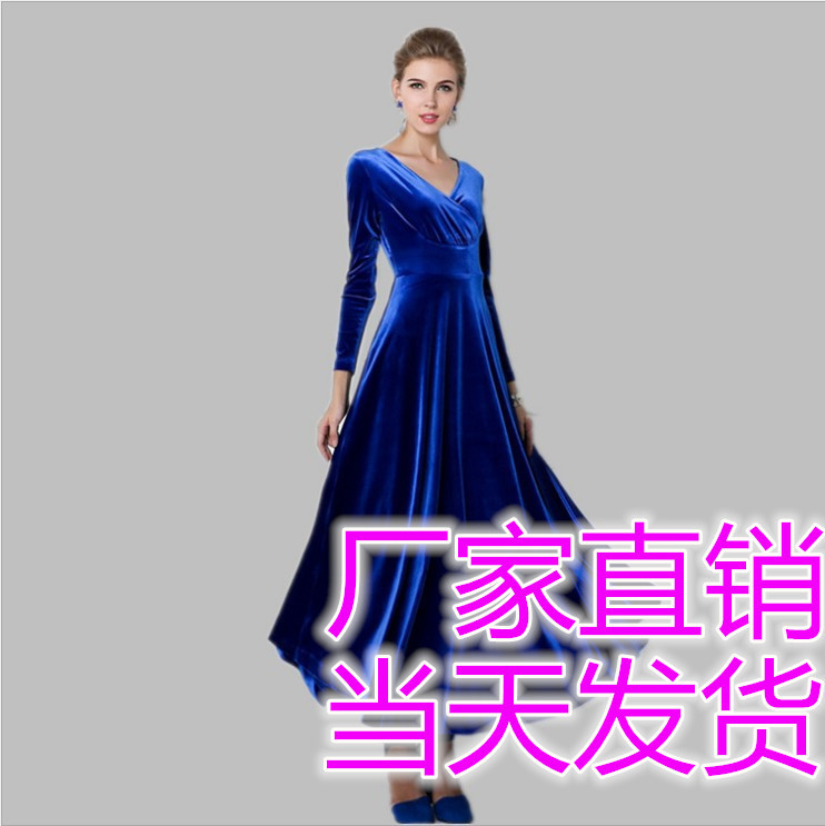 2021欧美长袖连衣裙 金丝绒长连衣裙V领连衣裙女  自产实拍