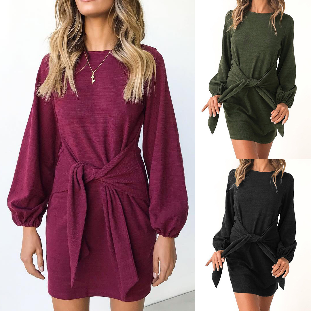 Off Shoulder Long Sleeve Dress Bow Tie Detail Elegant Design Autumn Winter Style Wholesale Available