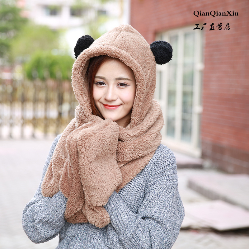 圍巾帽子手套三件套韓版親子保暖毛絨男女兒童壹體防寒風加厚圍巾