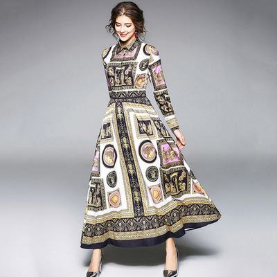 欧洲站2018春季新品女装时尚翻领长袖收腰印花连衣裙波西米亚长裙
