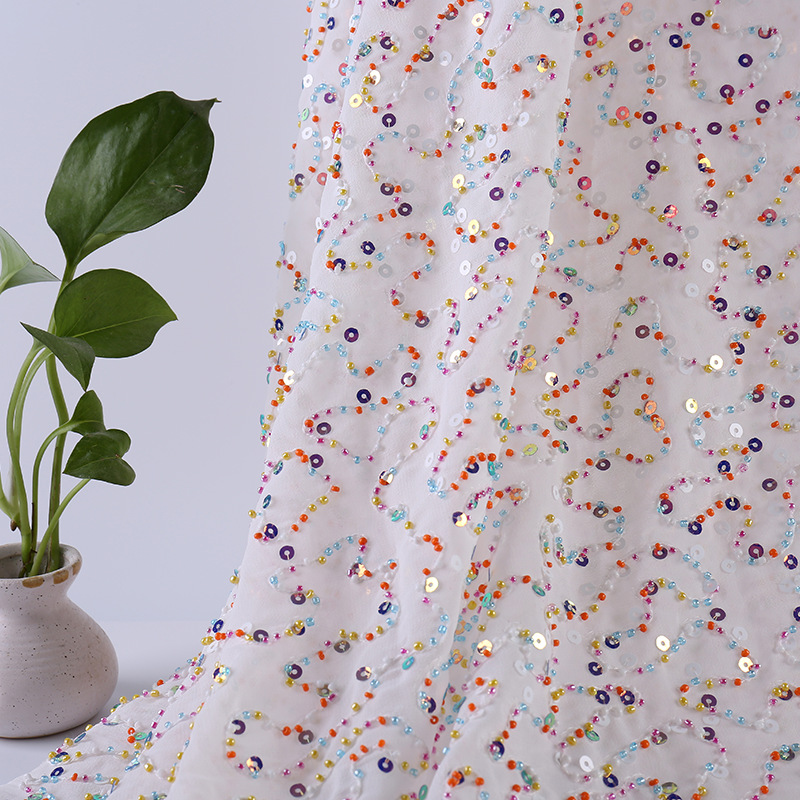 新款欧美风亮片绣花面料彩色小米珠金片绣花布舞台服礼服装饰布料