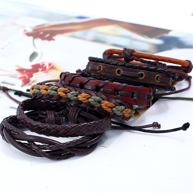 6 Pieces Quantity Retro Geometric Leather Handmade Men'S Bracelets Men Cord & Leather Bracelets