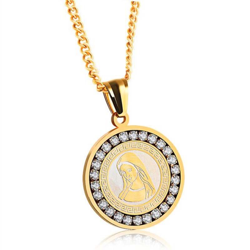 Fashion Trend Jewelry Guadalupe Our Lady Of Round Titanium Steel Diamond Inlaid Necklace Catholic Pendant Wholesale Nihaojewelry display picture 1