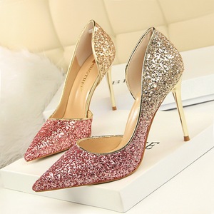 European and American high heel shallow mouth pointed sexy nightclub show thin color gradient color matching Sequin side