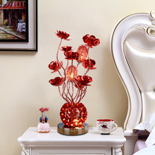 新款創意跨境床頭歐式小臺燈ins燈具臥室LED鋁線網紅色玫瑰批發