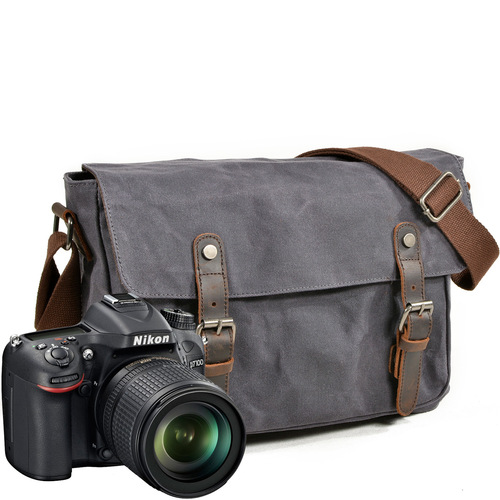 Men's horizontal photography bag, casual shoulder bag, waxed canvas with top layer genuine leather bag, water-repellent SLR camera bag
