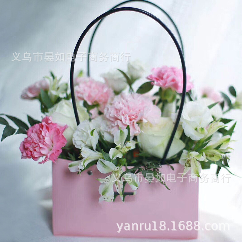 新款白卡纸防水插花袋 粉色长柄花盒 花艺课花篮 花店用品礼品袋
