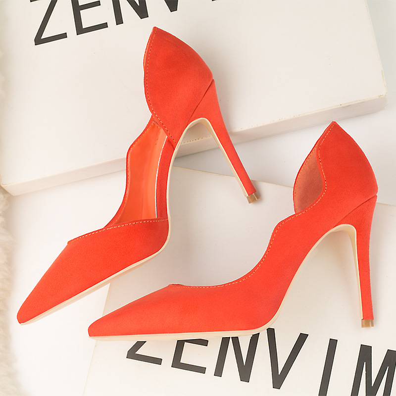 9288-3 Euro-American Style Simple Fine heel, Super high heel, Suede, Shallow and Point Sexy Night Club Slim Side Hollow Single Shoe