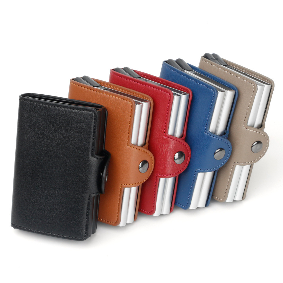 automatic pop-up metal wallet antitheft anti-magnetic RFID card case aluminum metal card  PU leather credit card holder