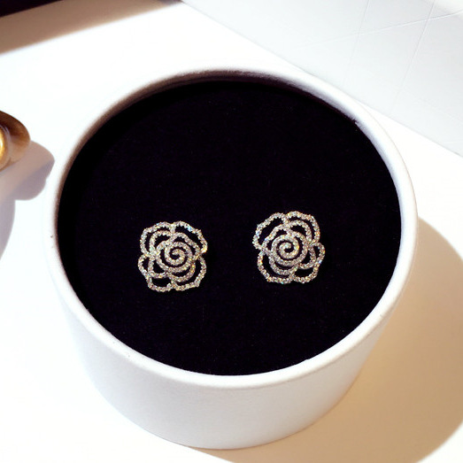 新款韩国银针耳环精致超闪镶锆气质玫瑰花耳钉耳坠女E001711