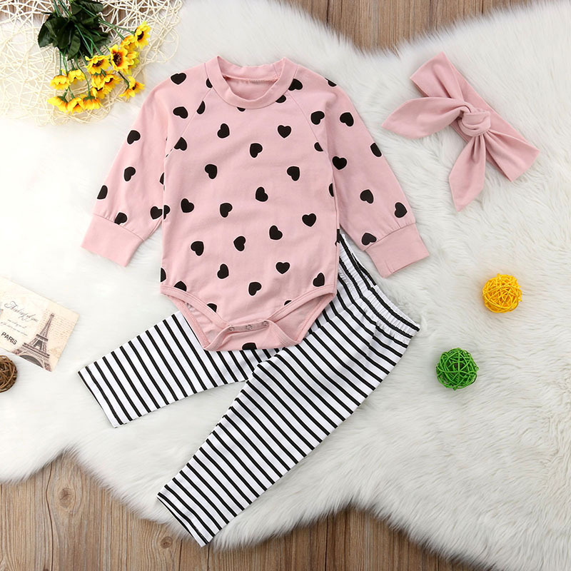 Baby Long Sleeve Love Print Harness Stripe Trousers Hairband Set Pink Three-piece Kids display picture 1