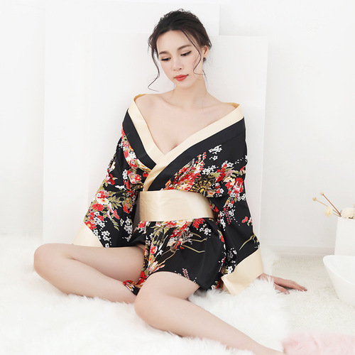 Japanese retro kimono ice silk pajamas women summer sexy temptation girl underwear cos uniform silk home clothing