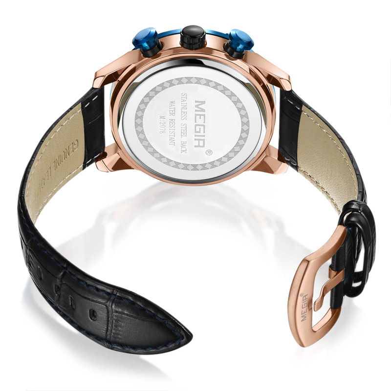 跨境热销美格尔megir手表男 运动多功能计时日历真皮男士手表2078