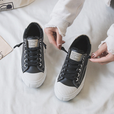远步2019冬季新款低帮加绒保暖帆布鞋女学生韩版皮面休闲小白鞋子