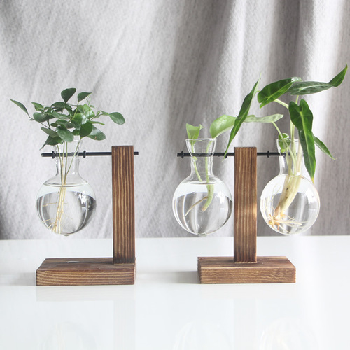 Creative wooden frame hydroponic vase green dill plant transparent glass flower arrangement container desktop ornaments home decoration supplies