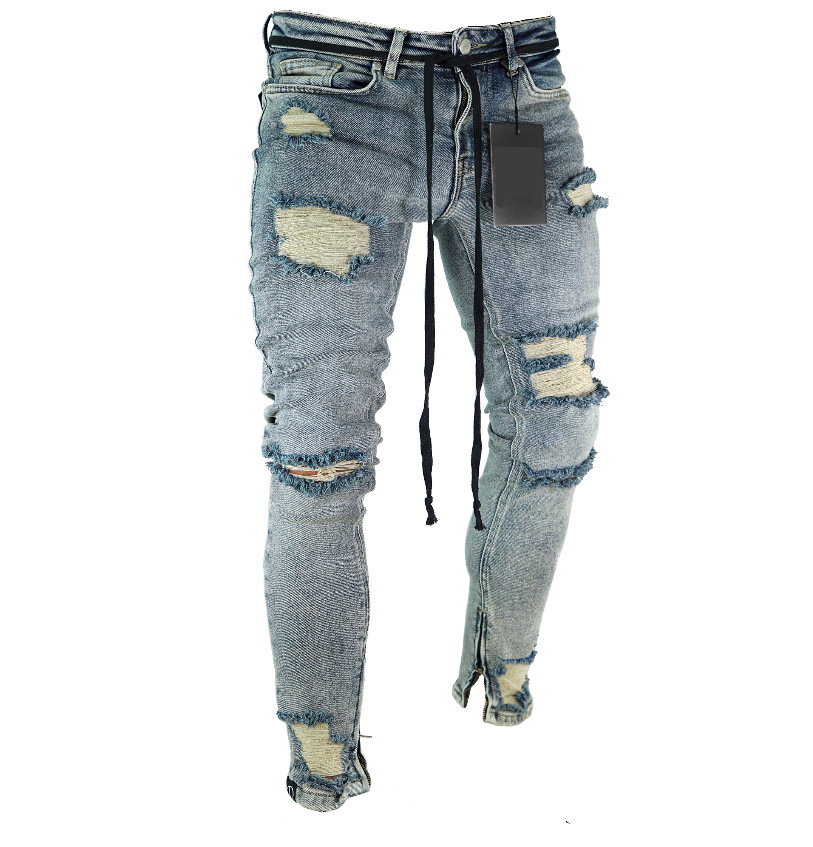 Herrjeans med revor trendiga biker denimbyxor för herr_voghion.com