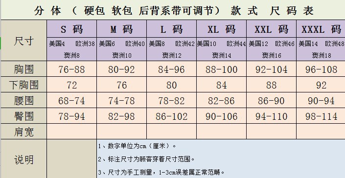 分 体 （ 硬包 软包 后背系带可调节） 款 式  尺 码