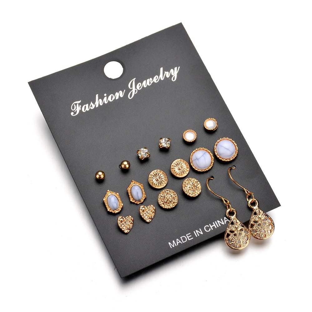 New Fashion Retro Turquoise Earrings Love Rhinestone 9 Pairs Of Earrings Set display picture 3