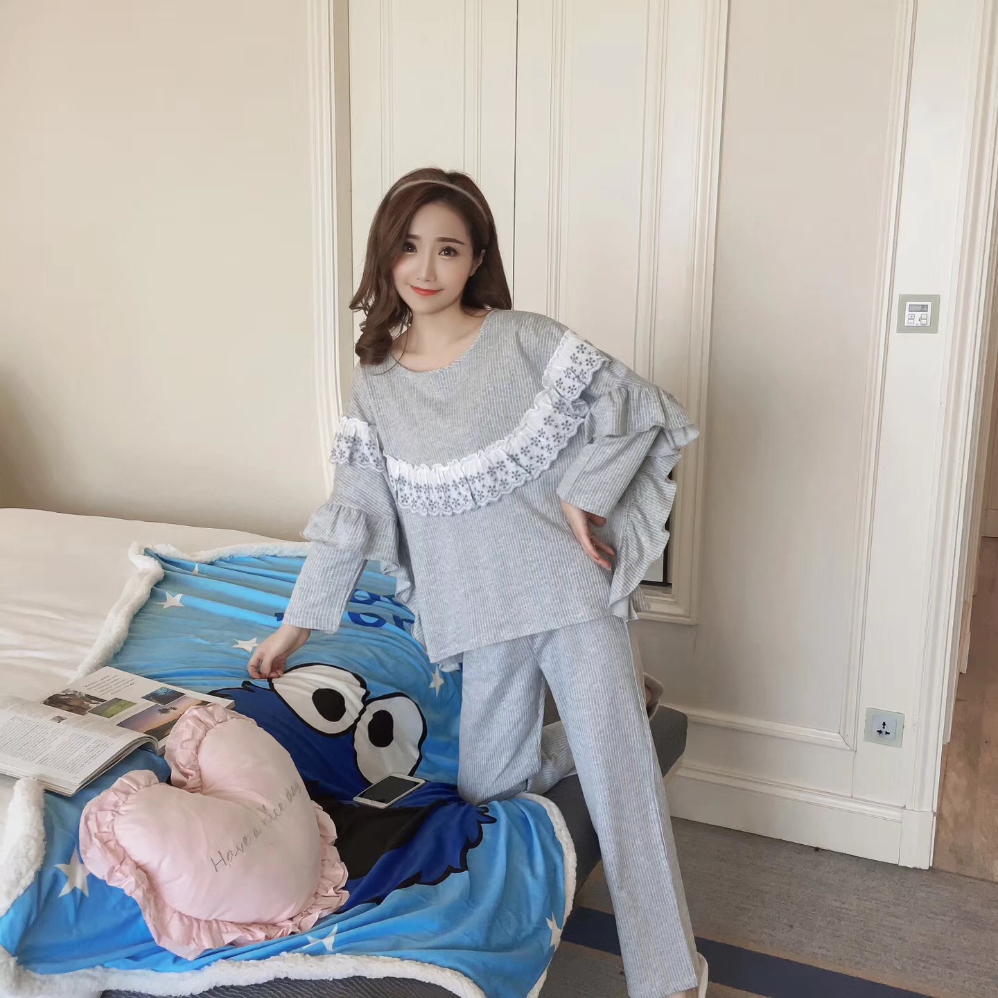 2018春秋季新品少女士纯棉蝙蝠袖长袖睡衣韩版甜美蕾丝家居服套装