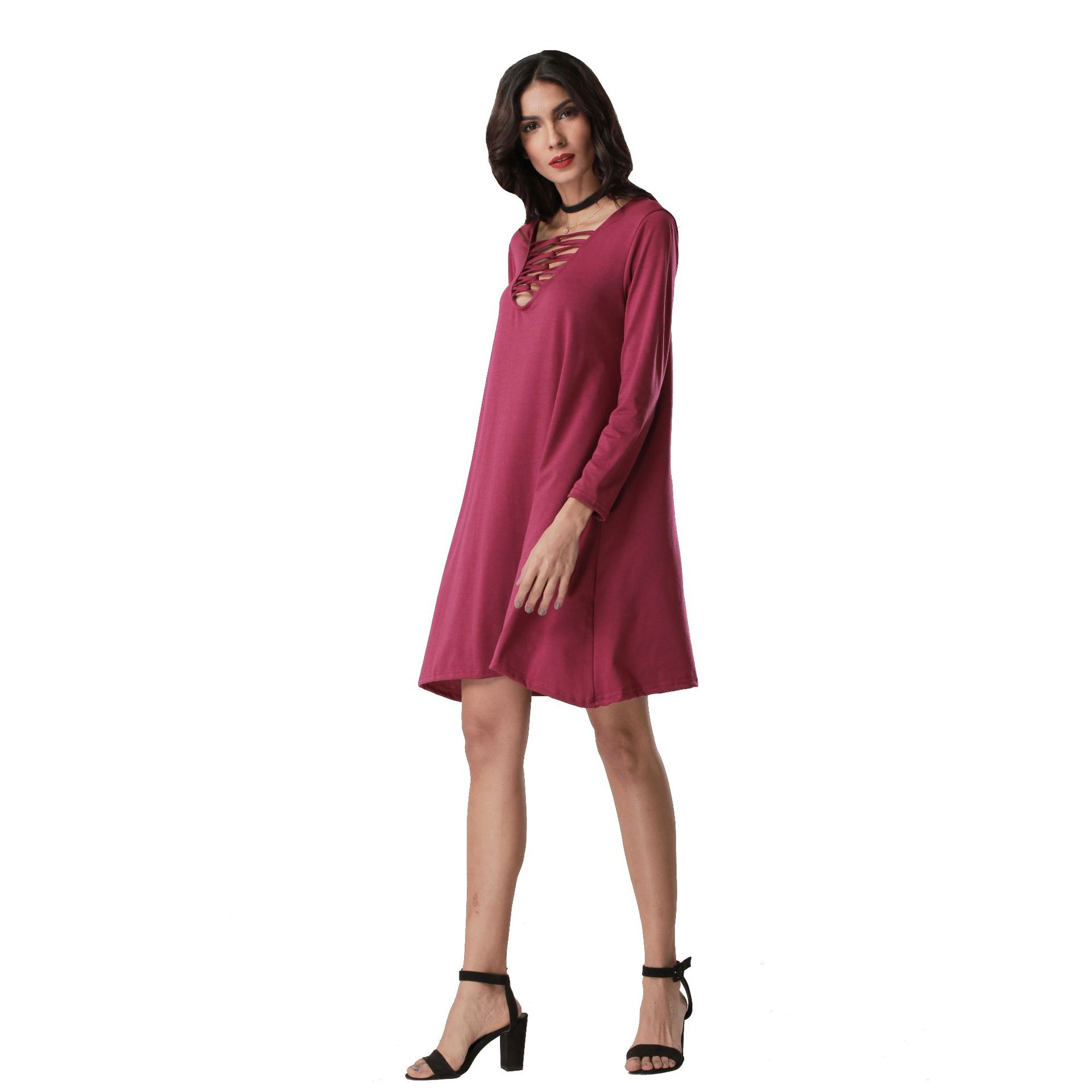 Solid Color Dress Sexy Deep V Neck Lace Up Design Long Sleeve Perfect for Parties and Events Wholesale Available