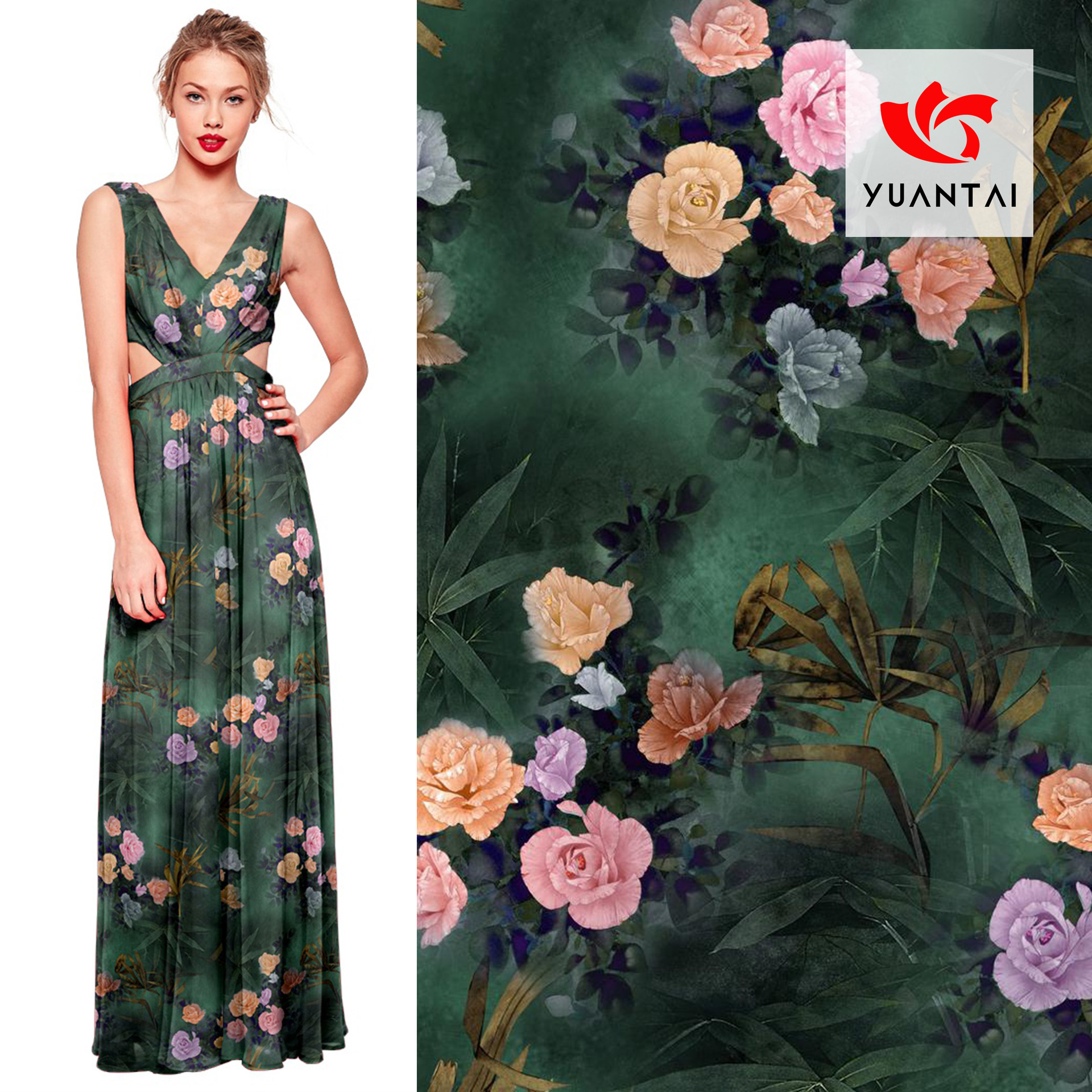 旗袍面料仿真丝缎香云纱面料 数码印花型面料 旗袍时装面料可定制|ru