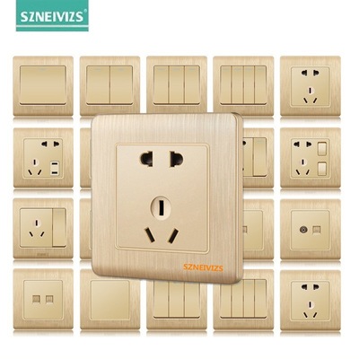 86暗装A60香槟金拉丝家用墙壁开关面板一开五孔USB电源插座包检测