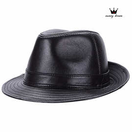 ins热销男士PU大檐爵士帽绅士礼帽秋冬皮帽子英伦风成人简约