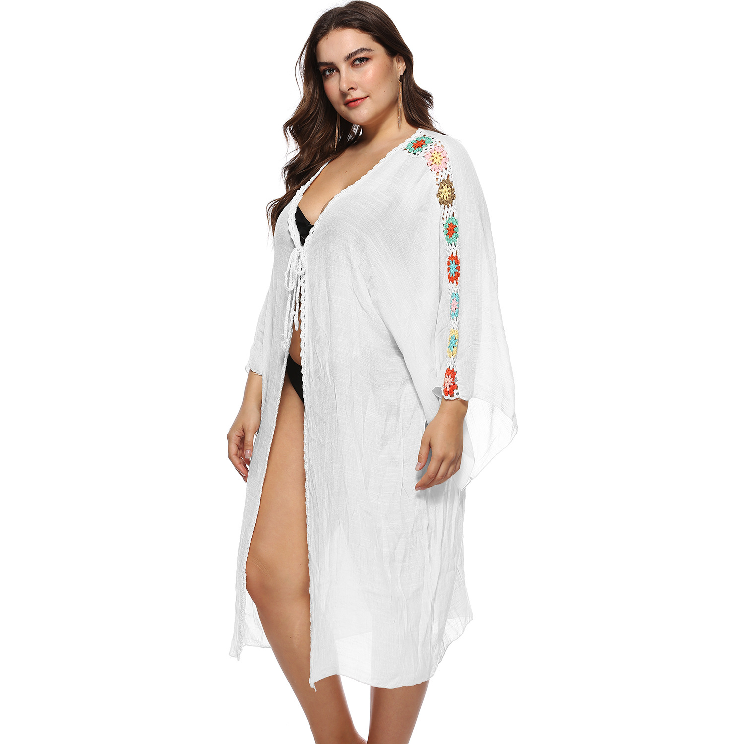 plus size lace-up long-sleeved cardigan NSOY51856