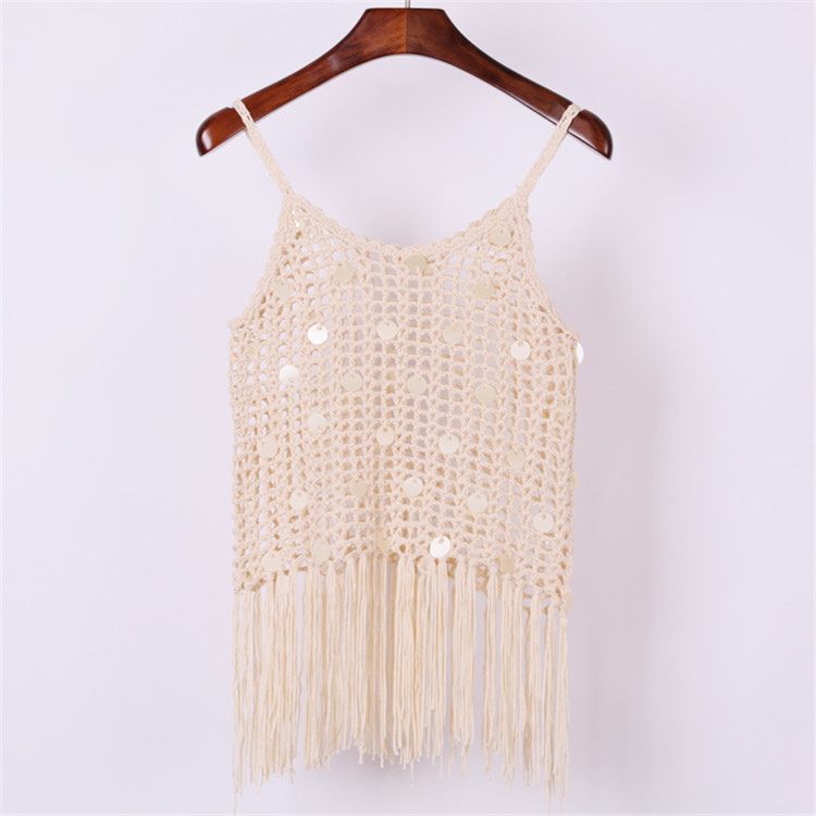 2018夏裝新款女裝鏤空亮片手勾針織罩衫時尚流蘇性感吊帶背心女