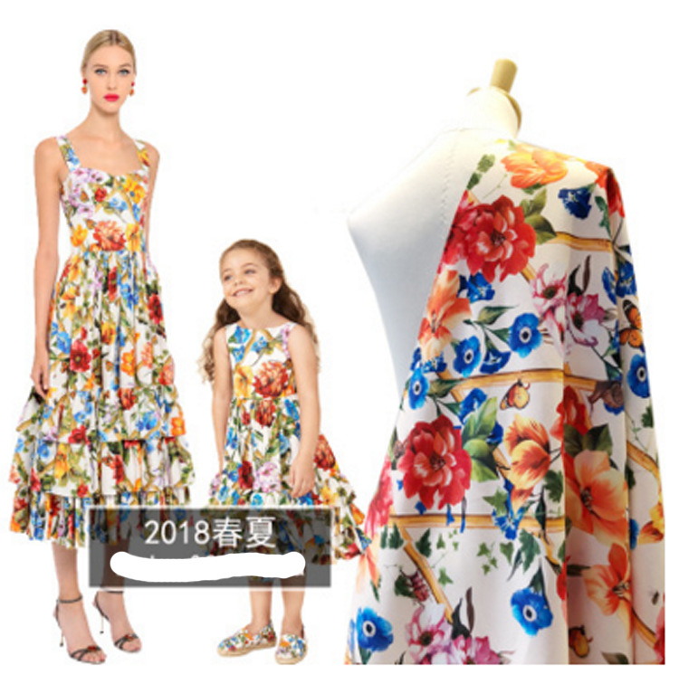 欧美大牌同款花型 D家新款亲子装篱笆花朵图案数码印花时装面料