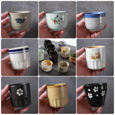 土陶杯仿古陶瓷杯胖杯直条杯条纹杯田园农家风格茶杯水杯酒杯包邮|ru