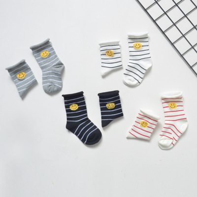 BOXDREAM春秋新款純棉針織兒童短襪拼色條紋笑臉百搭女童潮襪