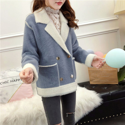 2018秋冬季仿水貂絨學院風韓版外搭女裝新款針織開衫西裝領外套女