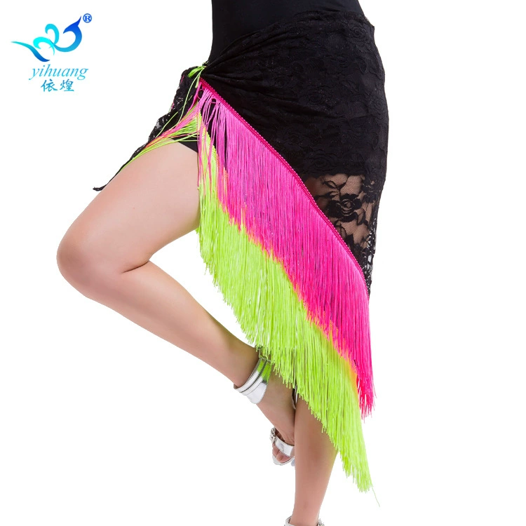 Юбка для латинских танцев Кружевная юбка с кисточками Юбка для выступлений Соревнования Треугольное полотенце Кружева Двойная кисточка Практика Талия Цепь Полотенце для рук