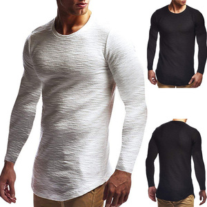 Men’s autumn long sleeve t-shirt men’s solid jacquard casual popular youth men’s slim arc hem T-shirt