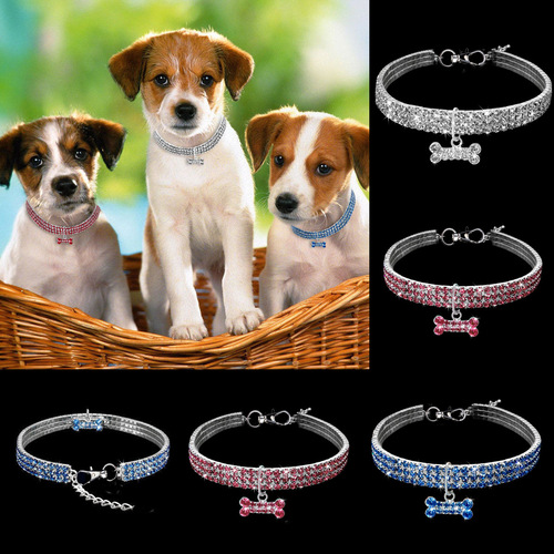 3-row Rhine stone elastic pet collar dog leash cat crystal collar pet supplies small dog accessories tag