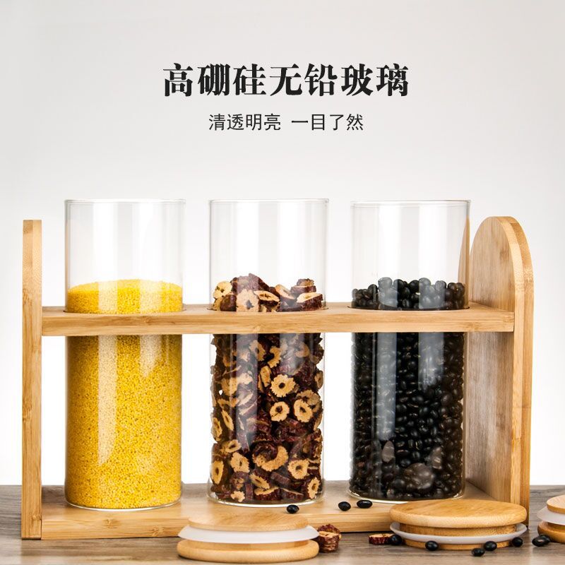 Nueva cocina multi-grano de vidrio frasco de almacenamiento con tapa perfumada de té frasco de vidrio de tres piezas sellado frasco de té