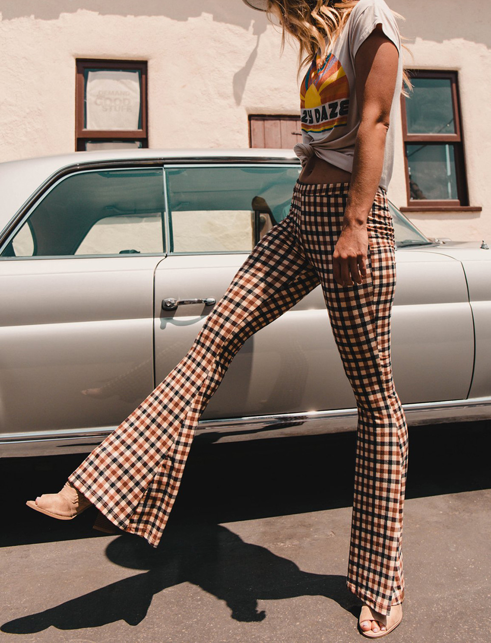 high waist slim plaid bootcut slit trousers NSYHC136156