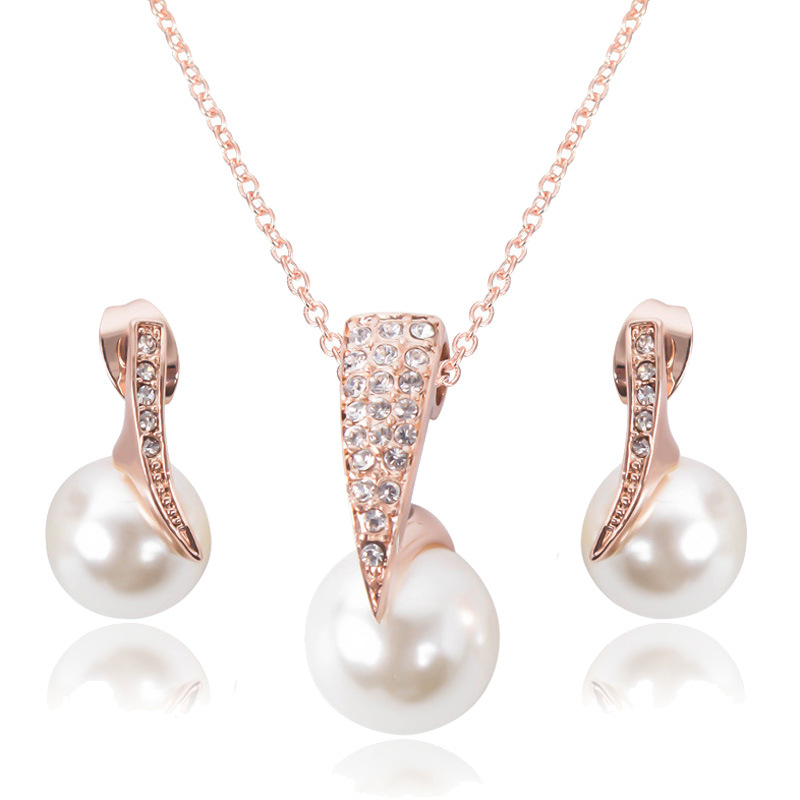 Rose Gold Pearl & Diamond Bridal Necklace Set