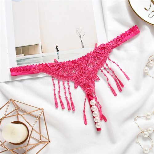 Sexy embroidered transparent underwear for women with tassels, seductive pearl massage, low-waist sexy underwear, open profile, ultra-thin, hot and sexy