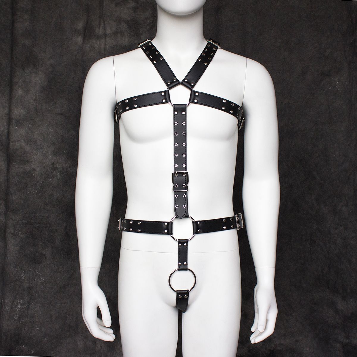 Sexy cuero vinculante doble aguja remache cinturón vinculante ropa de cuero de los hombres ropa de rendimiento correa de pecho ropa equipo de los hombres