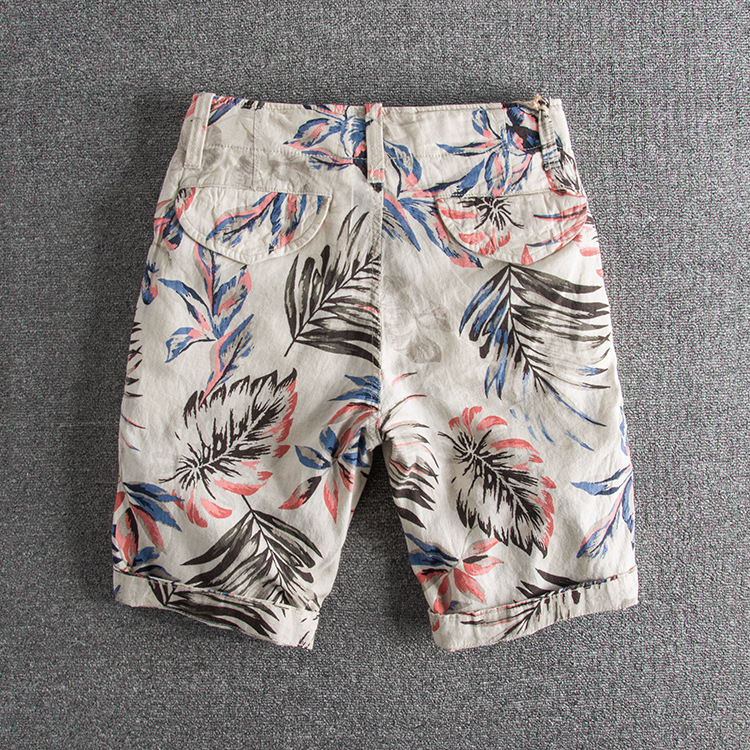B25 personality leaves printed water wash comfortable linen casual pants foreign trade original single men's shorts 17
