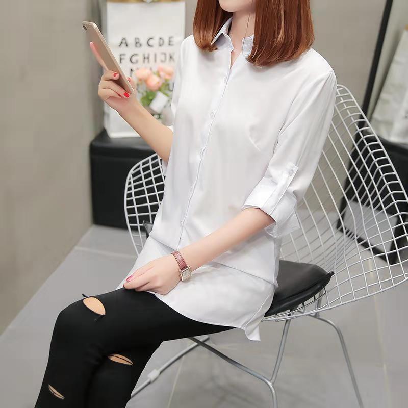 New mid-length shirt female Korean base shirt solid color chiffon long sleeve shirt bf wind shirt wholesale
