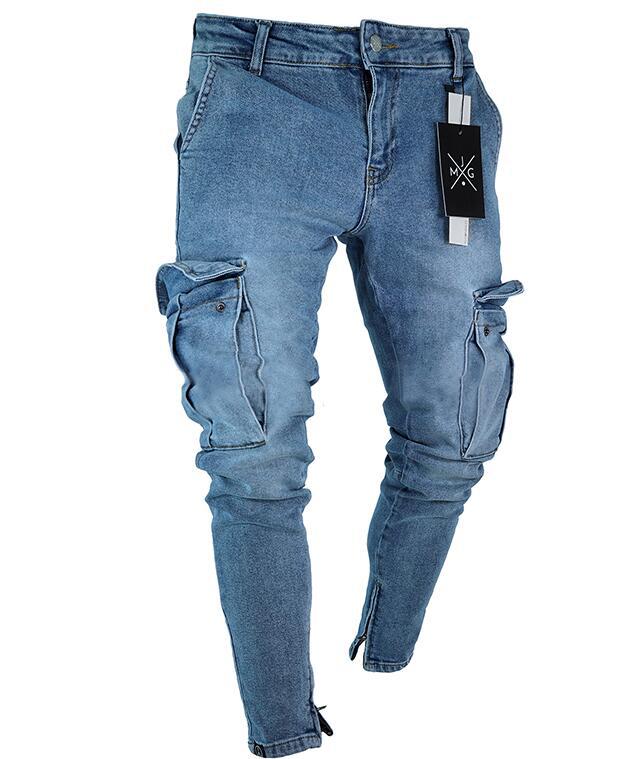Jeans Men Pants Washed Solid Color Multi Pockets Denim Mid Waist Cargo Jeans Plus Size Fahsion Casual Trousers Male Daily Wear_voghion.com