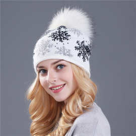 羊毛兔毛混纺帽圣诞雪花套头真正15CM貉子毛球帽速卖针织帽女