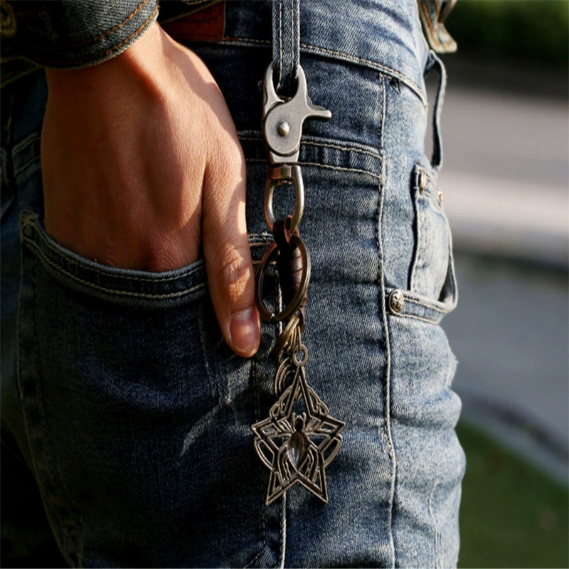 Metal accessory, retro woven leather keychain, European style, punk style, genuine leather