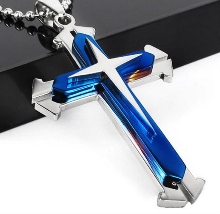 Collana con croce da uomo in acciaio inossidabile a più strati_voghion.com